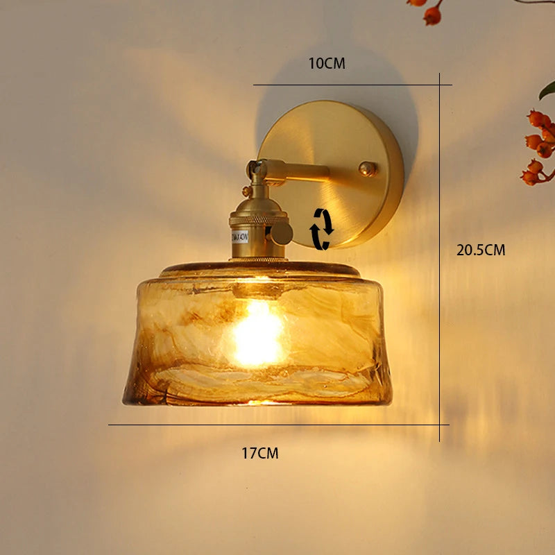 Brass Glass Wall Lamp, Retro Wall Sconce, Amber Glass Fixture for Hallway and Stairwell