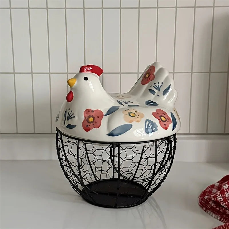 Hen-Shaped Ceramic Egg Basket, Egg Holder Dish, Farmhouse Countertop Kitchen Decor