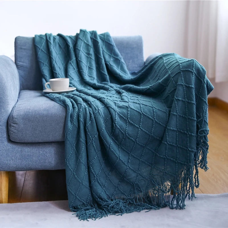 Khaki Knitted Throw Blanket, Waffle Knit Throw, Neutral Layer for Sofa and Bed