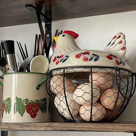 Hen-Shaped Ceramic Egg Basket, Egg Holder Dish, Farmhouse Countertop Kitchen Decor