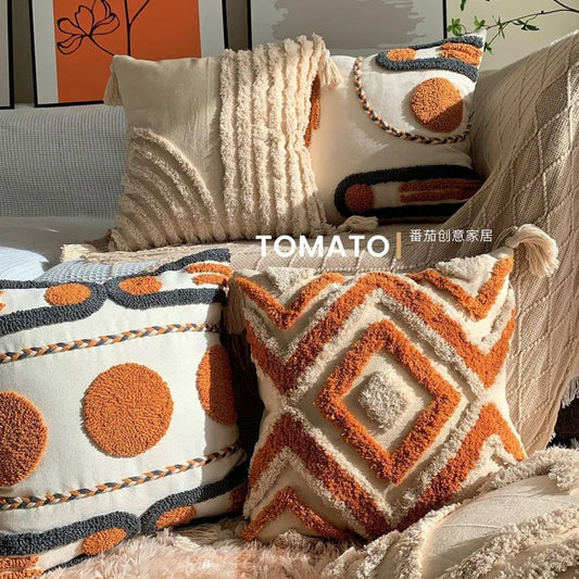 Bohemian Embroidered Cushion Cover, Boho Pillow Cover, Textured Accent for Sofa and Bed