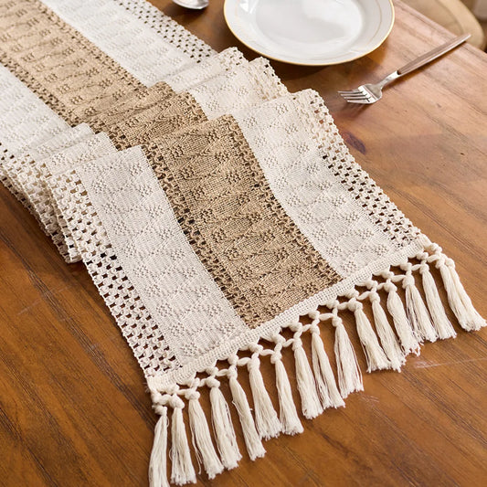 Macrame Table Runner, Boho Table Cloth Runner with Tassels, Cotton Farmhouse Decor