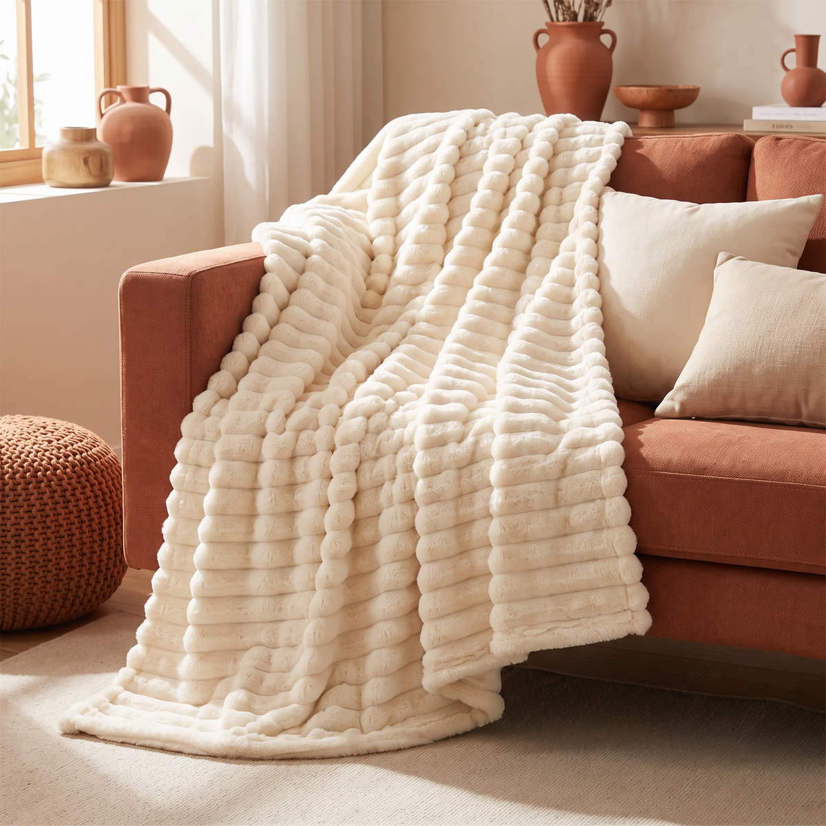 White striped plush throw blanket draped over a sofa