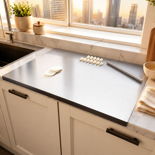 Brushed stainless steel cutting board on a kitchen counter during prep