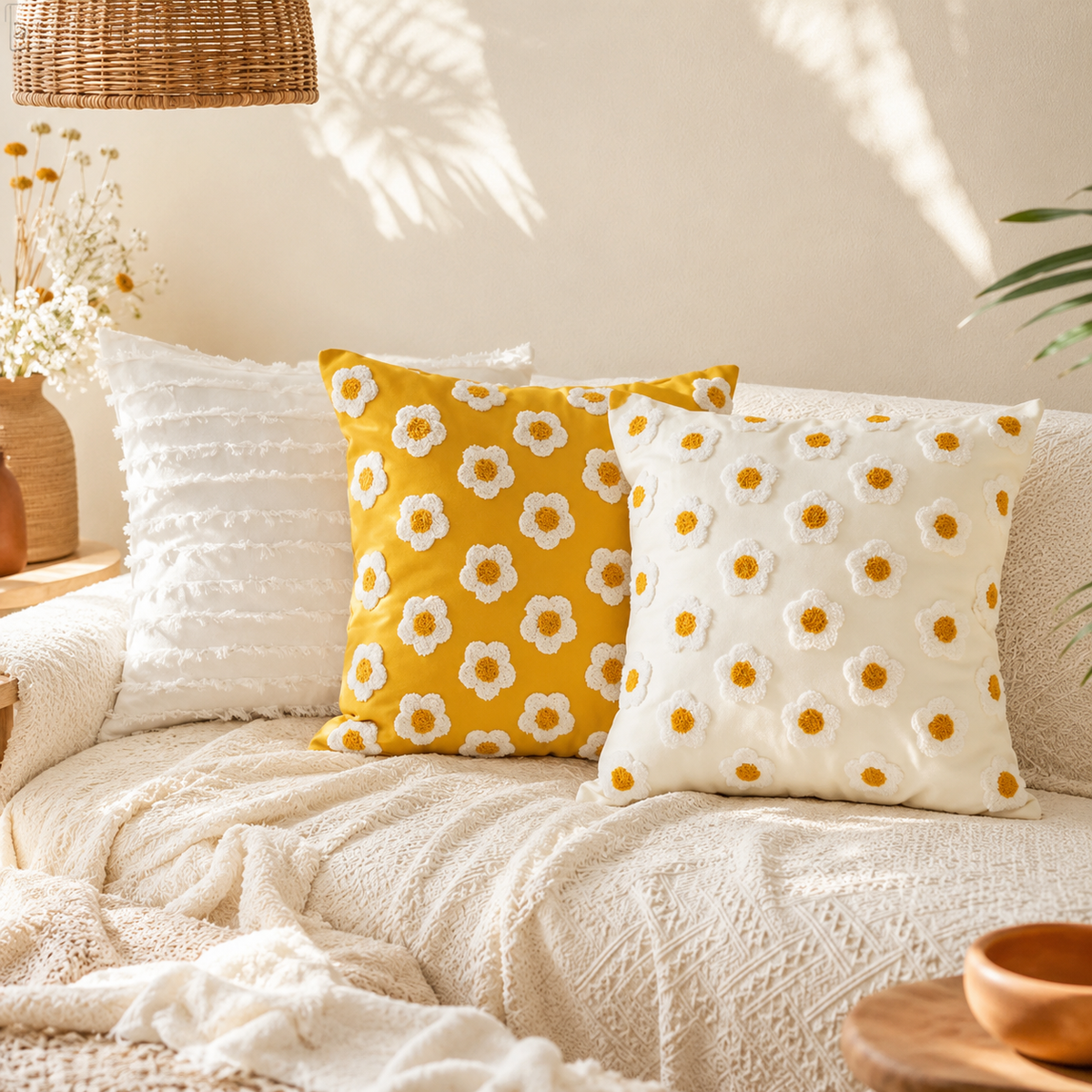 Floral embroidered cushion cover on a sofa layered with a knitted throw
