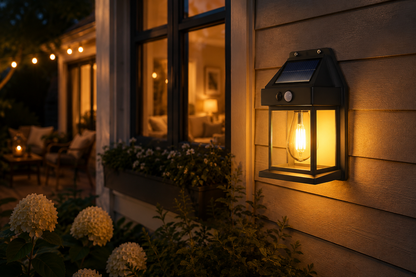 Solar motion sensor wall light mounted on a garden fence at dusk