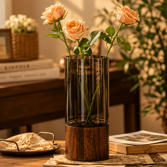Clear retro glass vase on a console table holding fresh stems