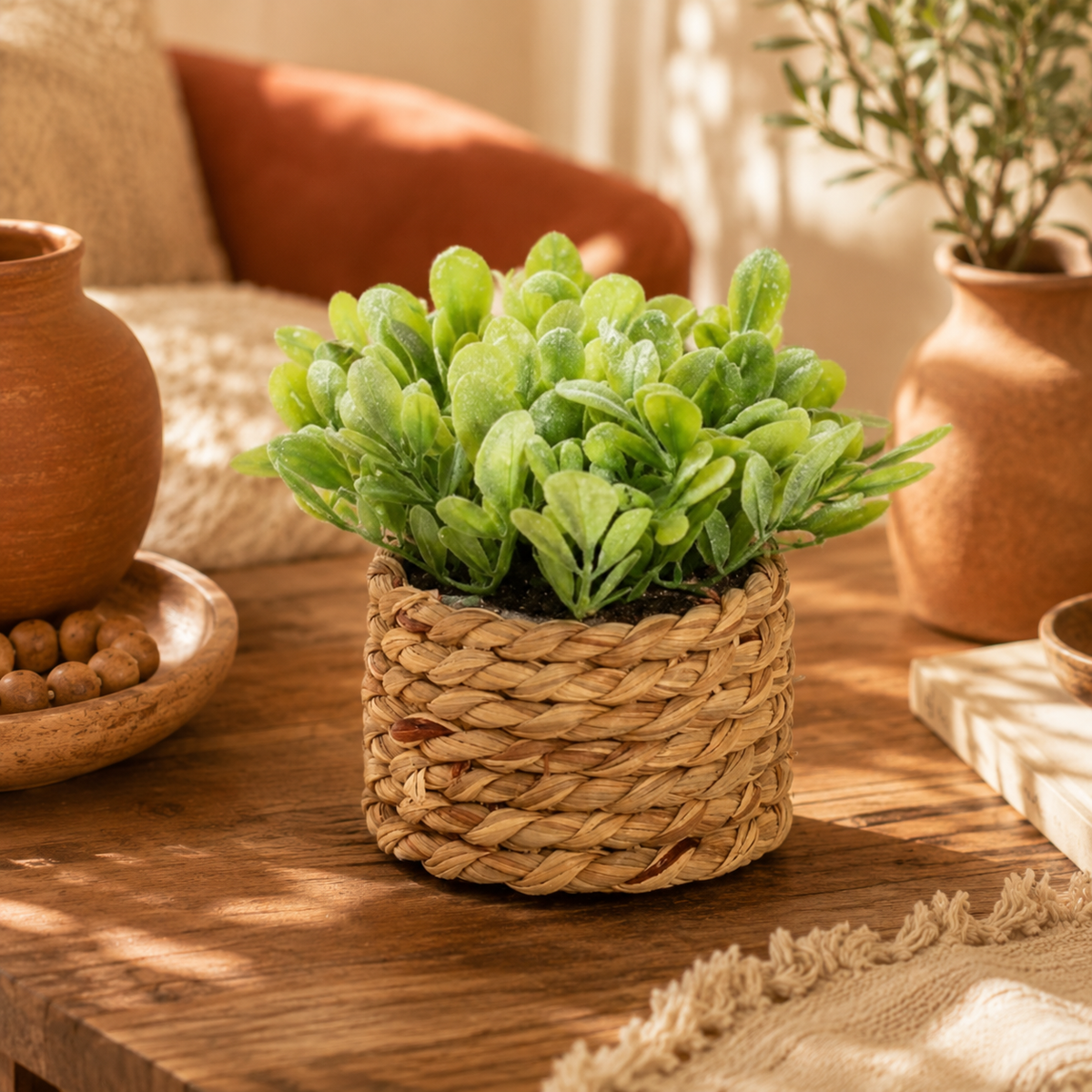 Artificial eucalyptus in a small pot on a bright desk beside a window