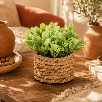 Artificial eucalyptus in a small pot on a bright desk beside a window