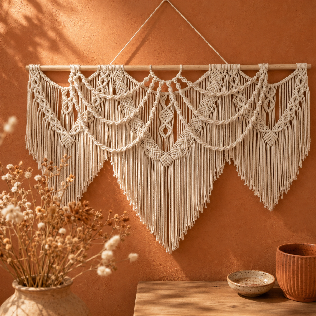 Large macrame wall hanging above a bed in a softly lit bedroom