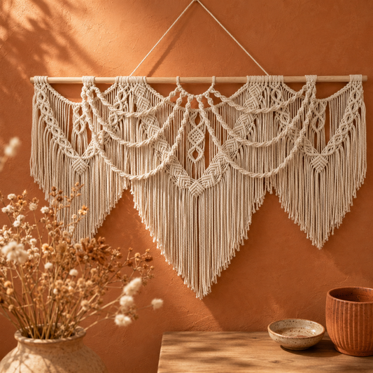 Large macrame wall hanging above a bed in a softly lit bedroom