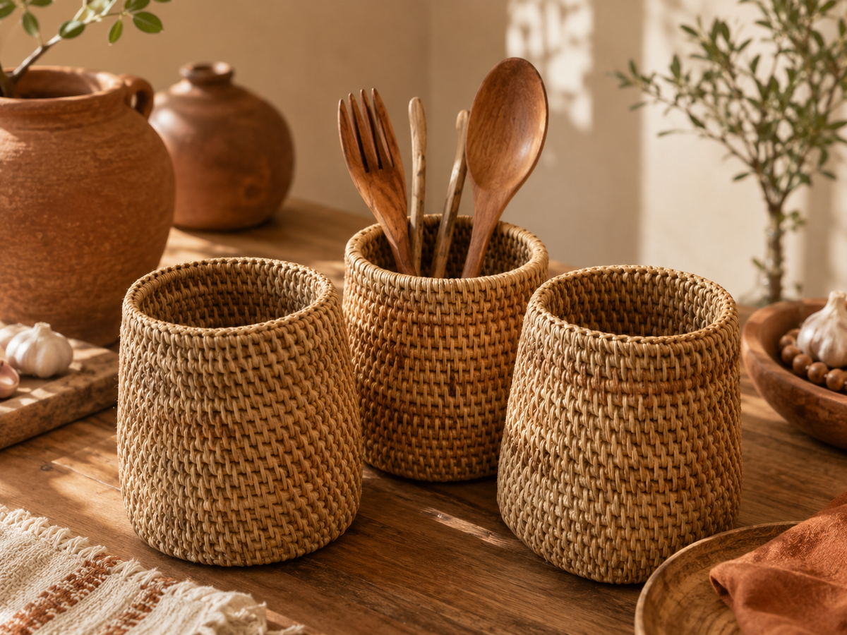 Rattan cutlery organizer box inside an open kitchen drawer