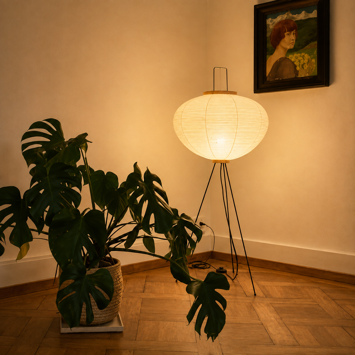 Rice paper floor lamp glowing in the corner of a living room at dusk