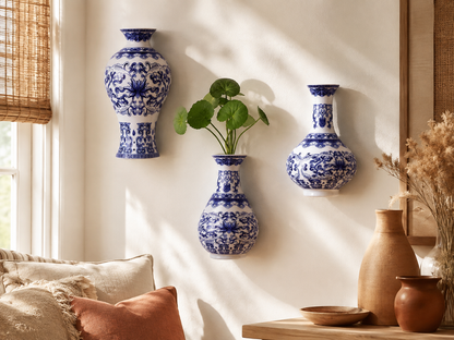 Blue and white porcelain vase on a console table, styled with fresh stems against a cream wall