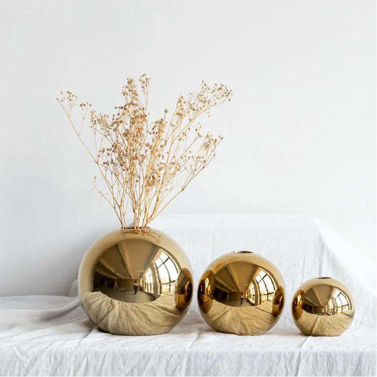 Golden Ball Ceramic Vase, Round Bud Vase, Warm Gold Accent for Mantel and Console