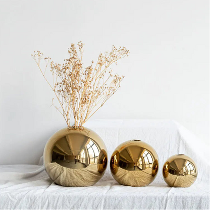 Golden Ball Ceramic Vase, Round Bud Vase, Warm Gold Accent for Mantel and Console
