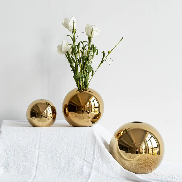 Golden Ball Ceramic Vase, Round Bud Vase, Warm Gold Accent for Mantel and Console