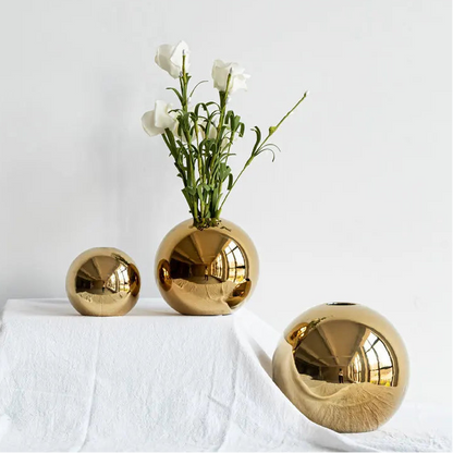 Golden Ball Ceramic Vase, Round Bud Vase, Warm Gold Accent for Mantel and Console