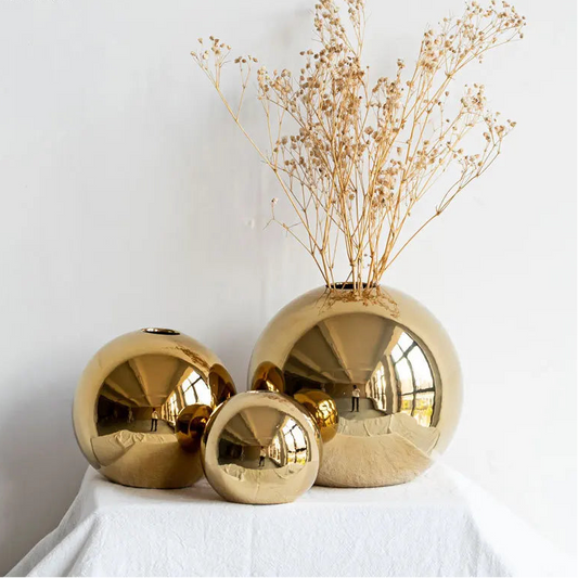 Golden Ball Ceramic Vase, Round Bud Vase, Warm Gold Accent for Mantel and Console