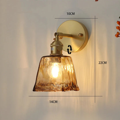 Brass Glass Wall Lamp, Retro Wall Sconce, Amber Glass Fixture for Hallway and Stairwell