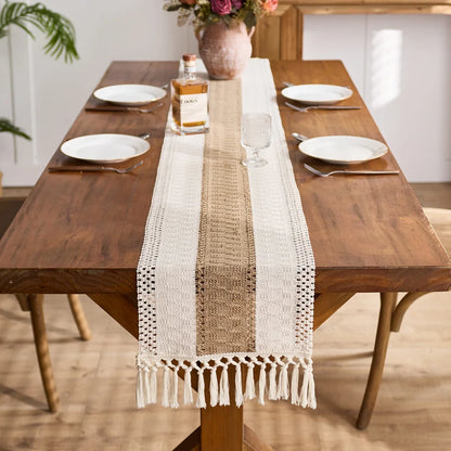Macrame Table Runner, Boho Table Cloth Runner with Tassels, Cotton Farmhouse Decor