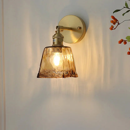 Brass Glass Wall Lamp, Retro Wall Sconce, Amber Glass Fixture for Hallway and Stairwell