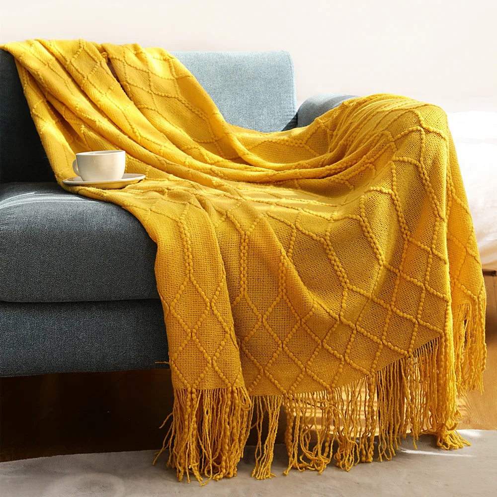 Khaki Knitted Throw Blanket, Waffle Knit Throw, Neutral Layer for Sofa and Bed