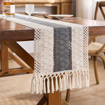 Macrame Table Runner, Boho Table Cloth Runner with Tassels, Cotton Farmhouse Decor