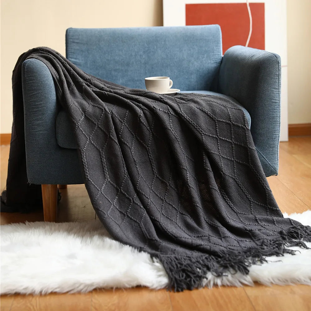 Khaki Knitted Throw Blanket, Waffle Knit Throw, Neutral Layer for Sofa and Bed