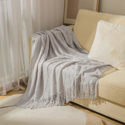 Khaki Knitted Throw Blanket, Waffle Knit Throw, Neutral Layer for Sofa and Bed
