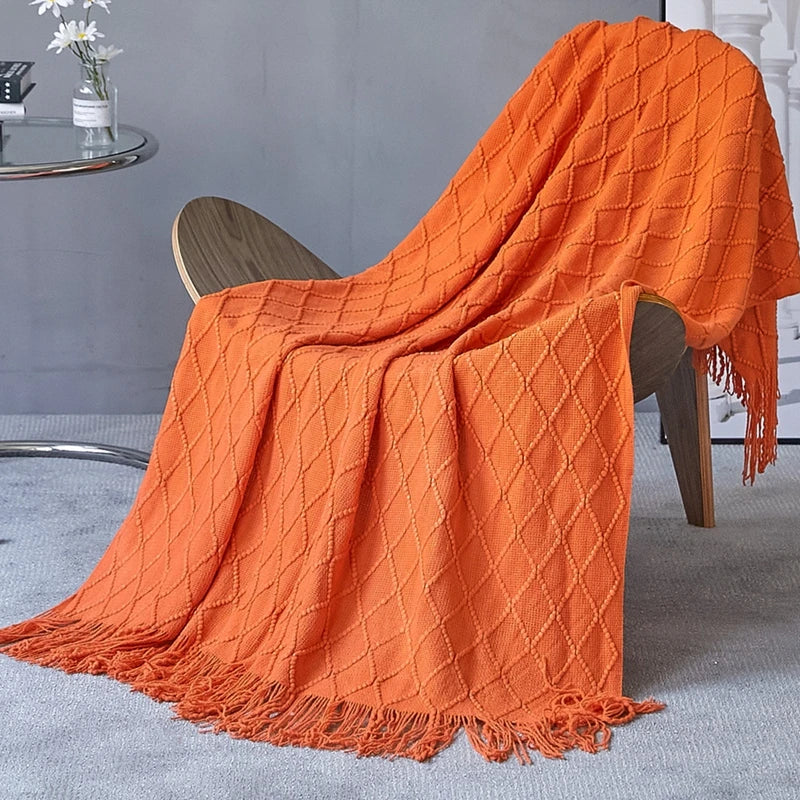 Khaki Knitted Throw Blanket, Waffle Knit Throw, Neutral Layer for Sofa and Bed