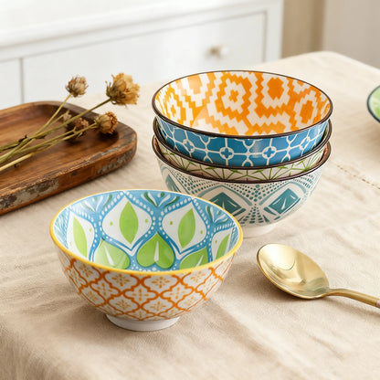 Bohemian Ceramic Bowl Set, Serving Bowls, 4-Piece Dinnerware for the Table