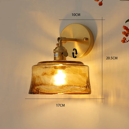 Brass Glass Wall Lamp, Retro Wall Sconce, Amber Glass Fixture for Hallway and Stairwell