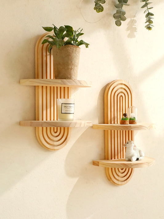 Wooden Wall Shelf, Geometric Floating Shelves, Natural Wood Boho Wall Decor
