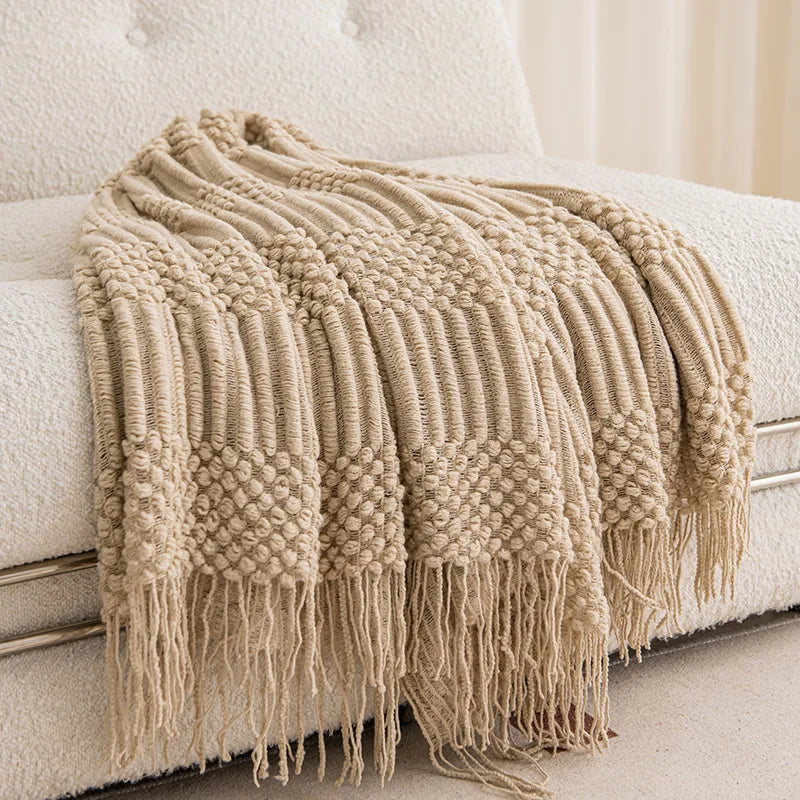 Khaki Knitted Throw Blanket, Waffle Knit Throw, Neutral Layer for Sofa and Bed