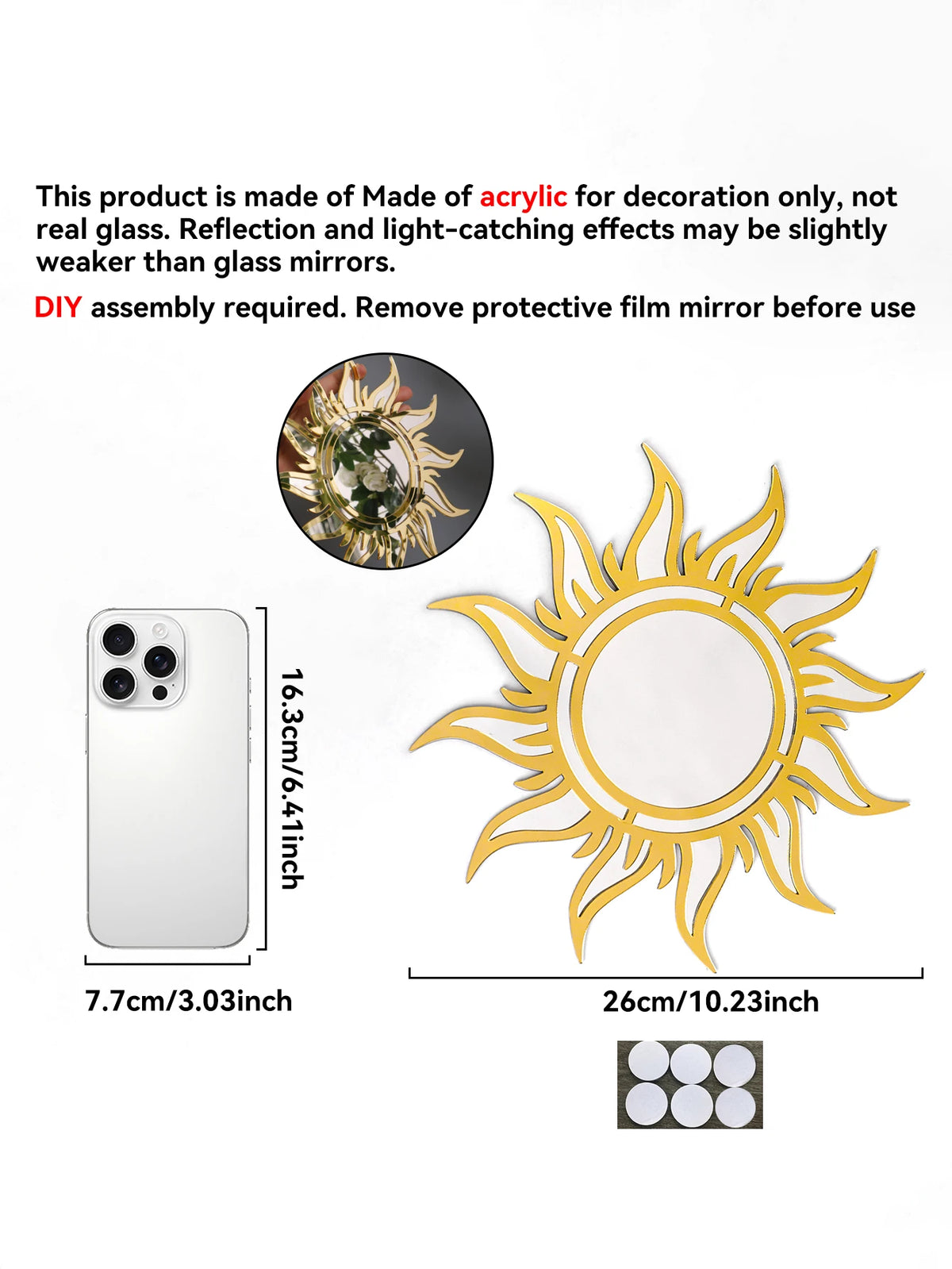 Sun Shape Wall Mirror, Sunburst Mirror, Gold Accent Decor for Entryway and Hallway