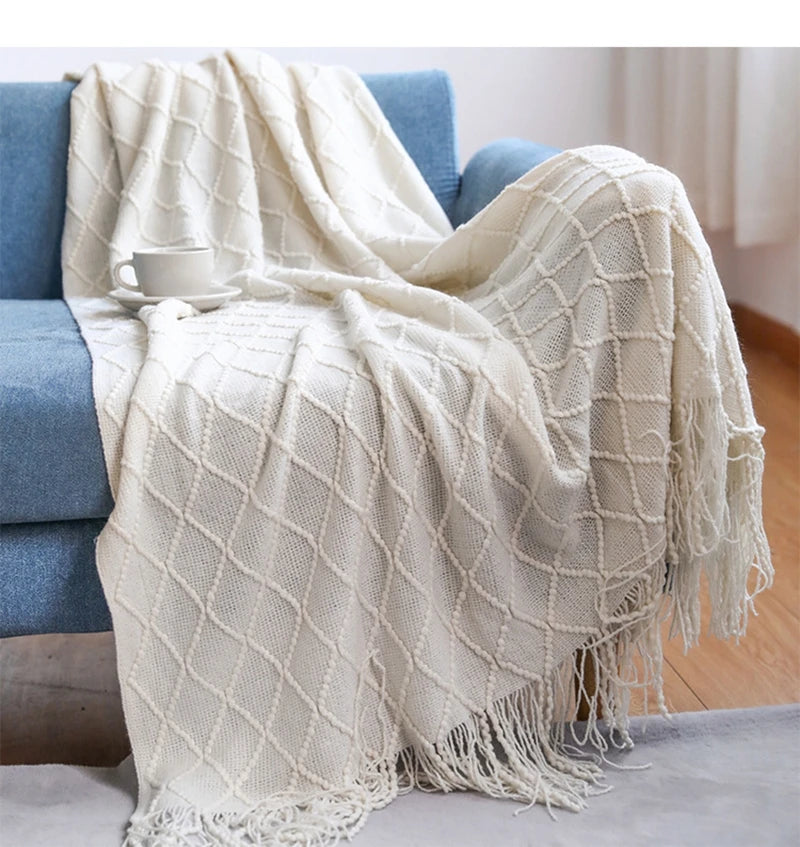 Khaki Knitted Throw Blanket, Waffle Knit Throw, Neutral Layer for Sofa and Bed