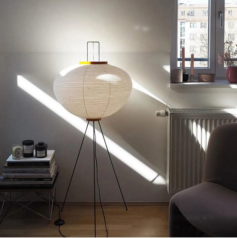 Rice Paper Floor Lamp, Japanese Standing Lantern Light, Warm Wood Living Room Lamp
