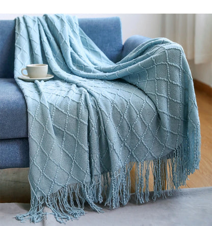 Khaki Knitted Throw Blanket, Waffle Knit Throw, Neutral Layer for Sofa and Bed