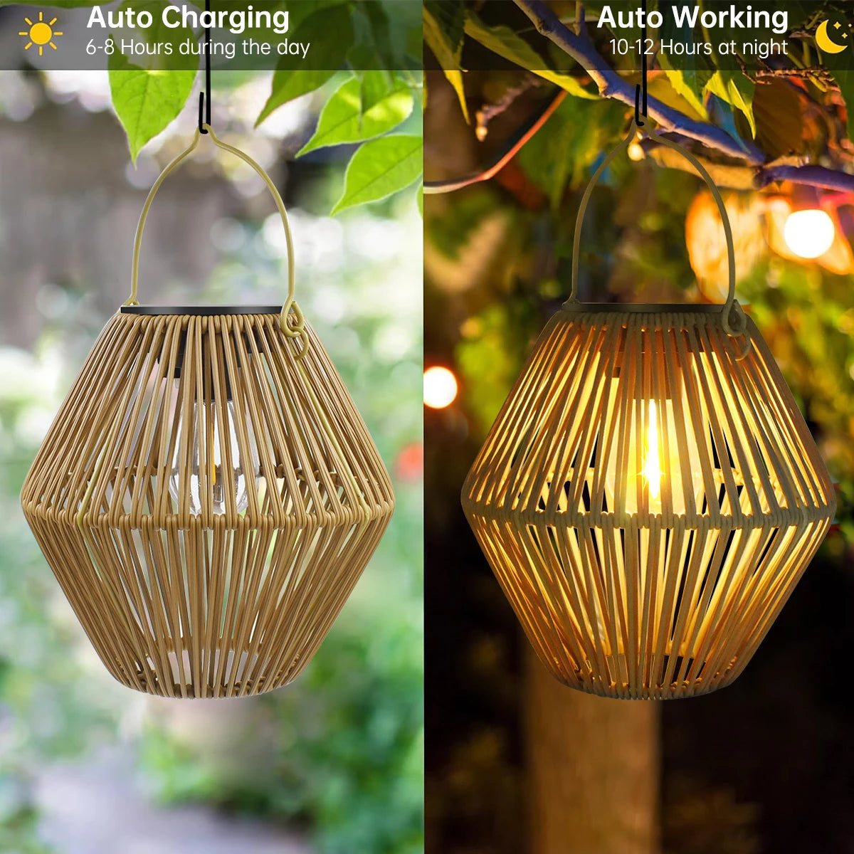 Solar Hanging Lantern, Woven Outdoor Patio Light, Waterproof Boho Garden Lantern