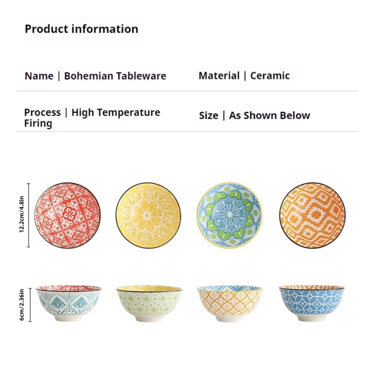 Bohemian Ceramic Bowl Set, Serving Bowls, 4-Piece Dinnerware for the Table