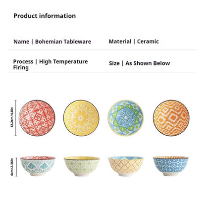 Bohemian Ceramic Bowl Set, Serving Bowls, 4-Piece Dinnerware for the Table