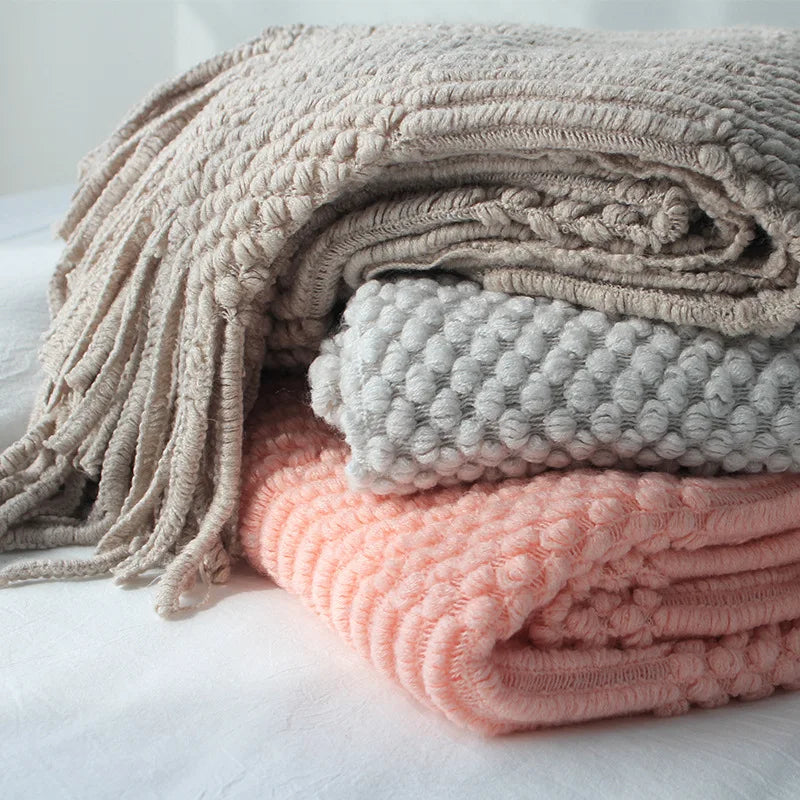 Khaki Knitted Throw Blanket, Waffle Knit Throw, Neutral Layer for Sofa and Bed