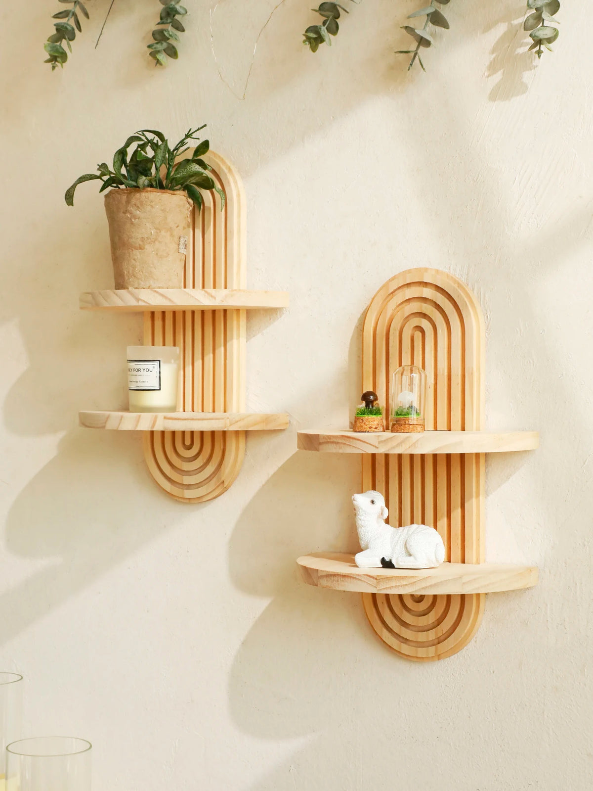 Wooden Wall Shelf, Geometric Floating Shelves, Natural Wood Boho Wall Decor