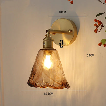 Brass Glass Wall Lamp, Retro Wall Sconce, Amber Glass Fixture for Hallway and Stairwell