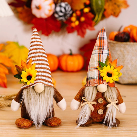 Faceless plush gnome ornament with a knitted hat, sitting on a mantel for autumn