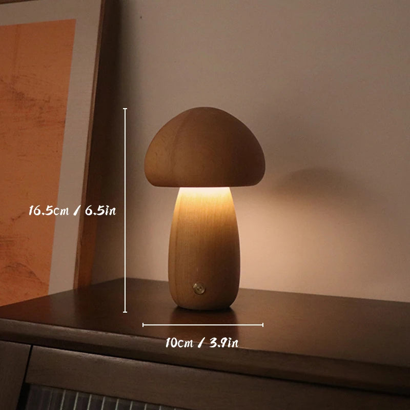 Wooden Mushroom Night Light, LED Bedside Lamp, Warm Glow for Nursery and Bedroom