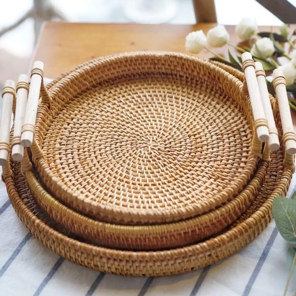 Handwoven Rattan Storage Tray, Woven Serving Tray, Natural Tray for Ottoman and Coffee Table