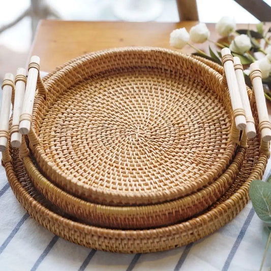 Handwoven Rattan Storage Tray, Woven Serving Tray, Natural Tray for Ottoman and Coffee Table
