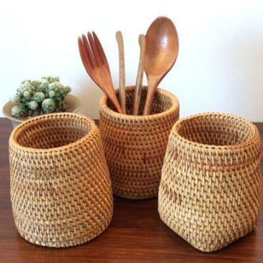 Rattan Cutlery Organizer Box, Woven Utensil Basket, Drawer Storage for the Kitchen